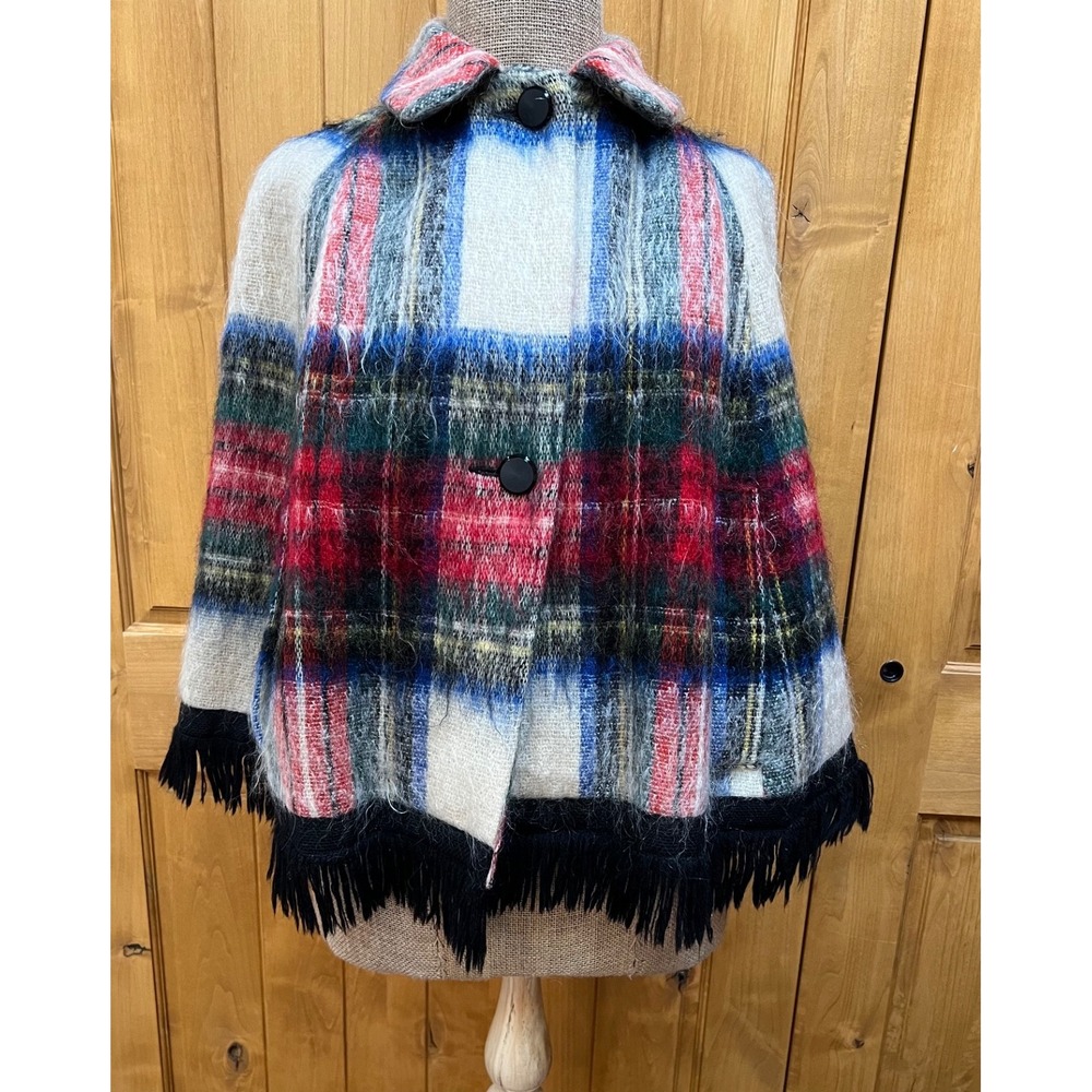 Strathay Scotland Tartan Poncho Cape Small Wool Mohair  Fringe Vtg 60's